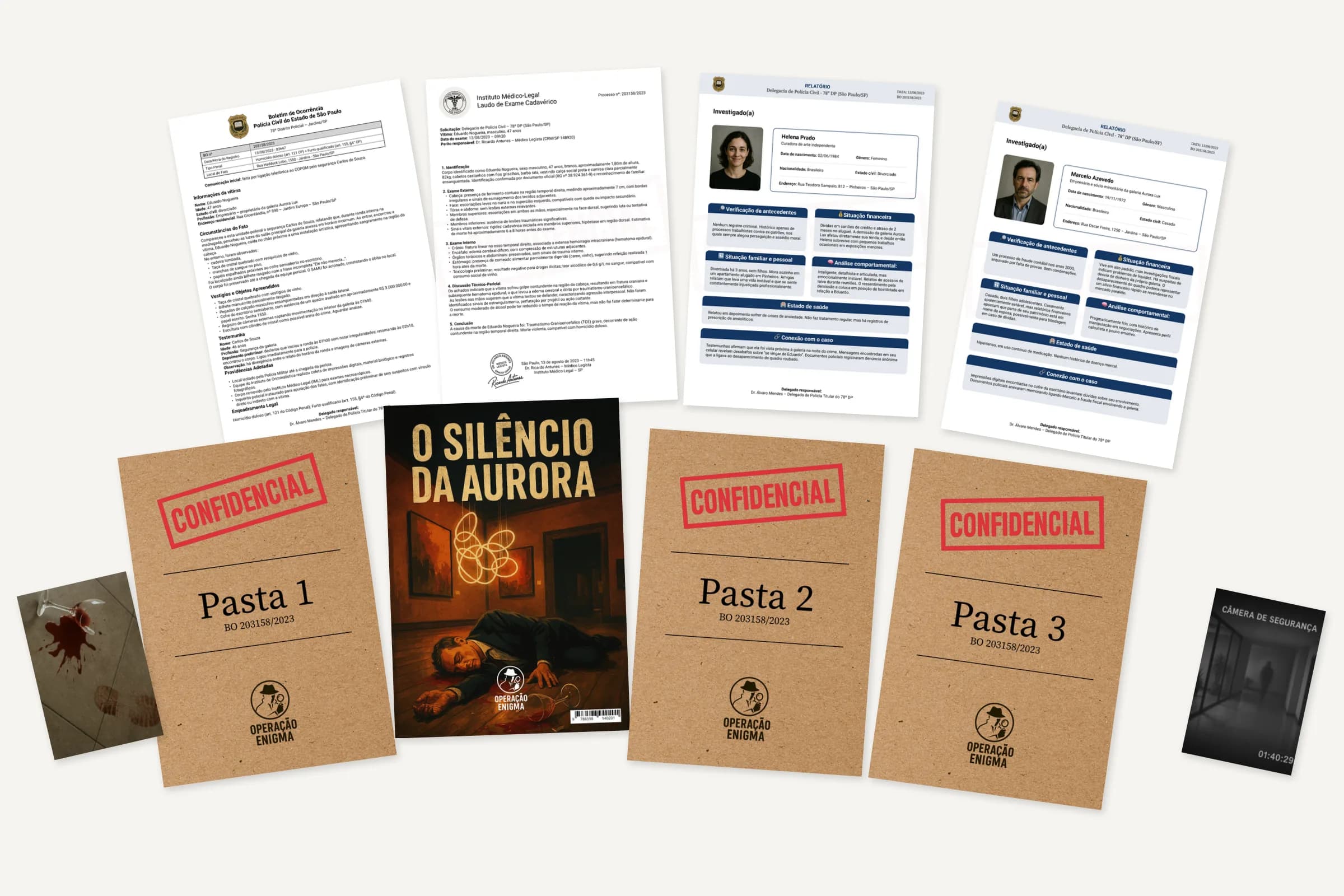Os materiais de um caso lado a lado: boletim de ocorrência, laudo do IML, fichas dos suspeitos, a capa e as três pastas confidenciais.