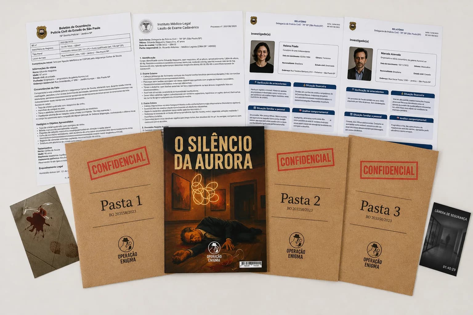 O conteúdo de um dossiê espalhado sobre a mesa: as três pastas confidenciais, a capa do caso, o boletim de ocorrência e as fotografias.