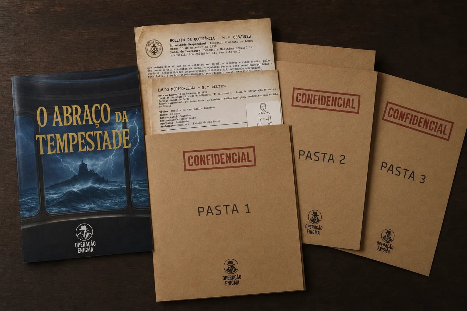 Os materiais de O Abraço da Tempestade sobre a mesa: a capa, as pastas confidenciais e os primeiros documentos.